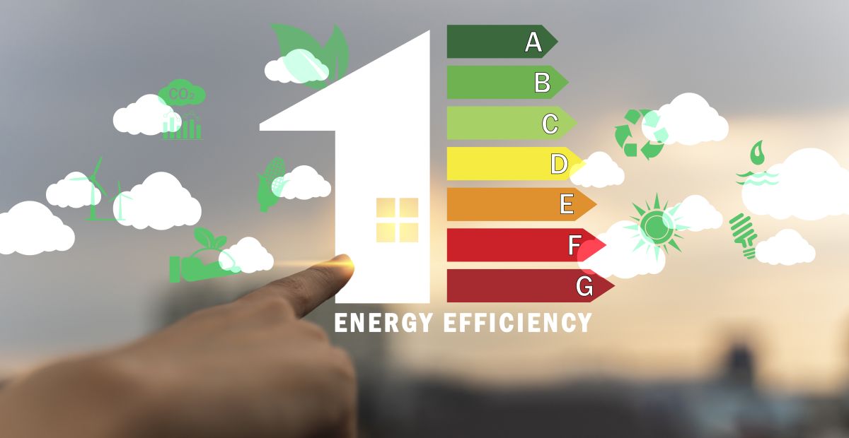 A person pointing at an energy efficiency rating chart.
